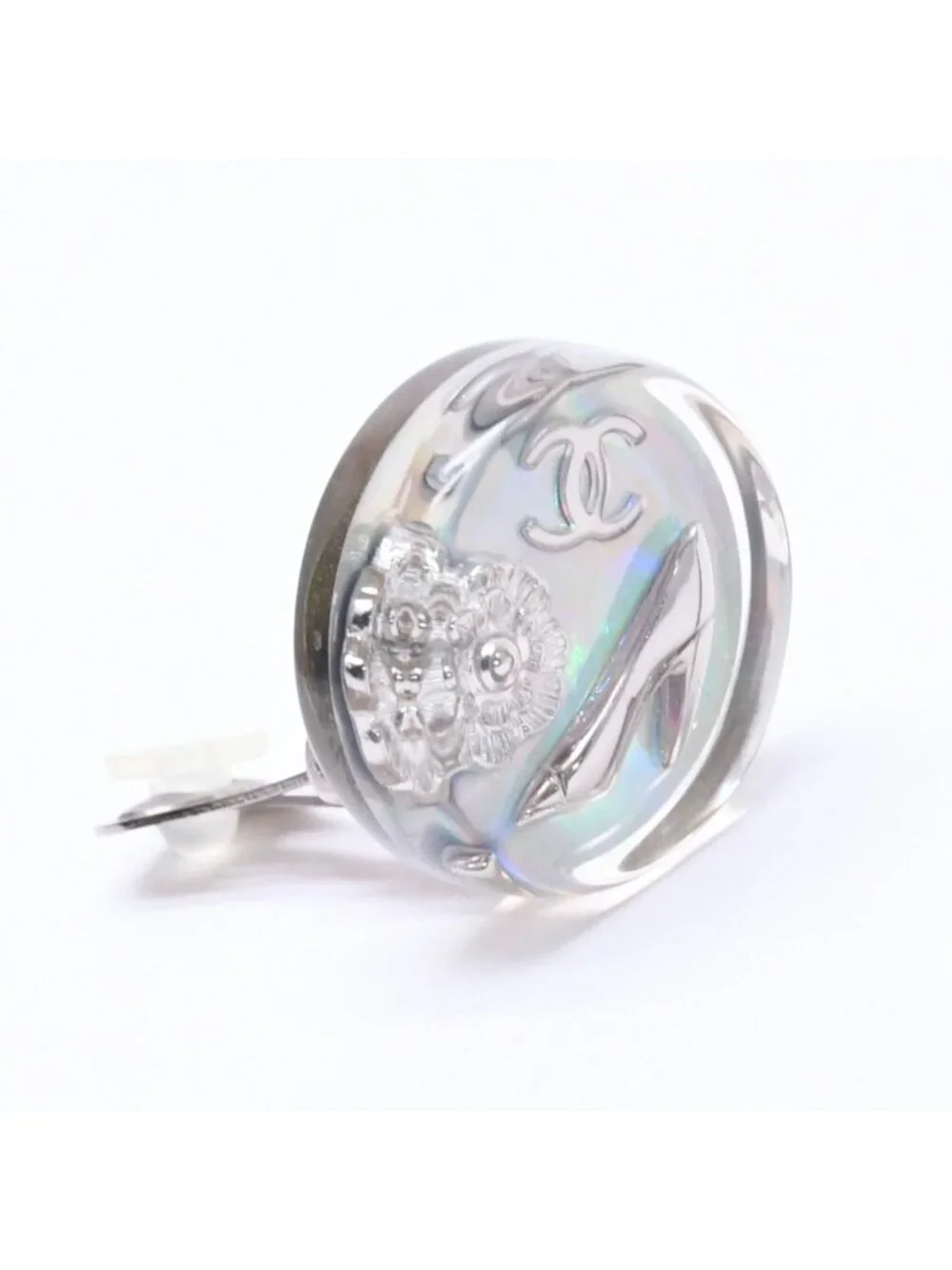 Chanel CC Logo Earrings 97 Resin Metal Aurora Clear Silver